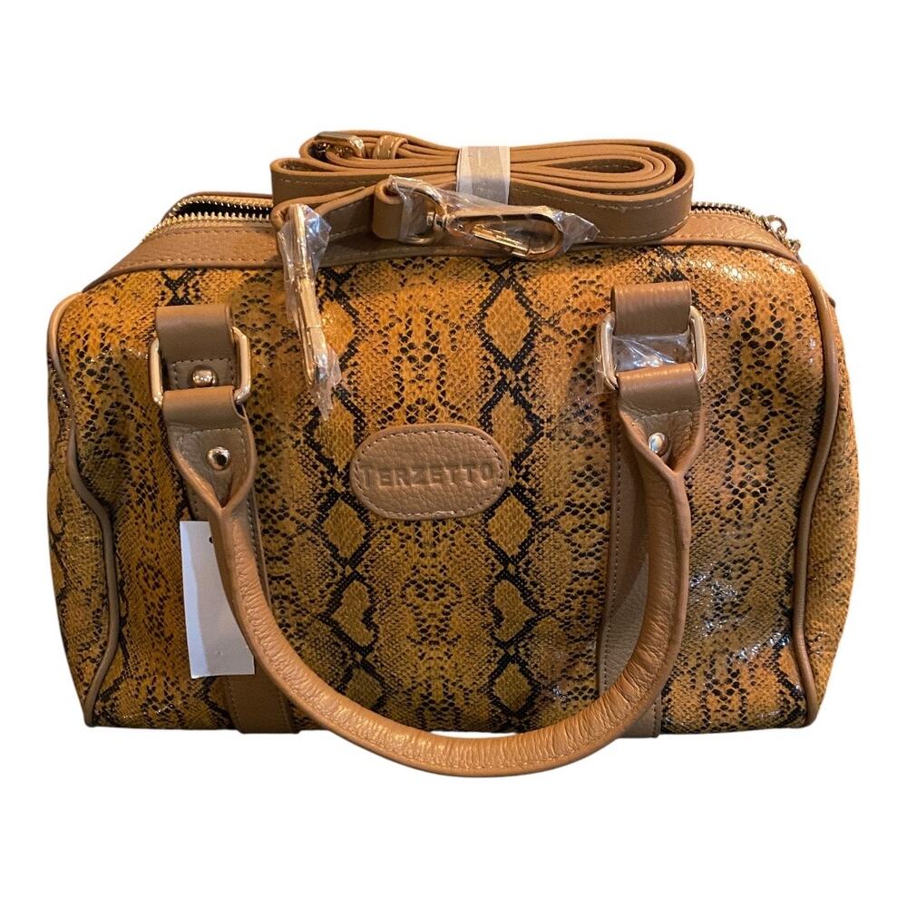 Terzetto Leather Satchel Bag Purse Brown Embossed Snakeskin Animal Print NWT - Picture 2 of 11